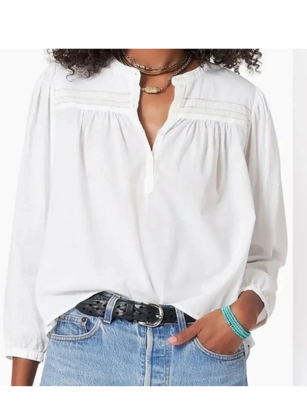 XíRENA White Cotton Pintuck Popover Blouse Long Sleeve Size L